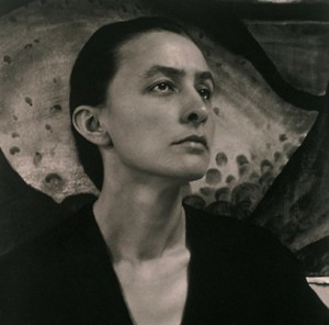 Image description: a black-and-white portrait-style photo of Georgia O’Keefe.