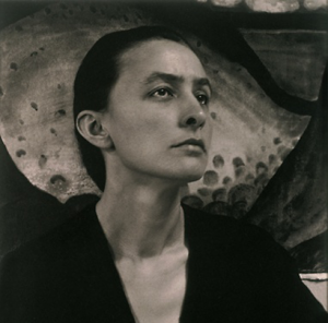 Image description: a black-and-white portrait-style photo of Georgia O’Keefe.