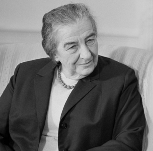 Image description: A black-and-white portrait-style photo of Golda Meir.