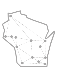 A gray outline of Wisconsin with connected dots where the individual campuses are