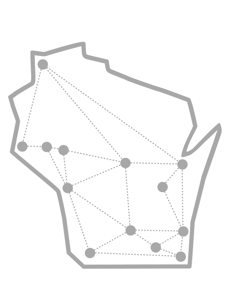 A gray outline of Wisconsin with connected dots where the individual campuses are